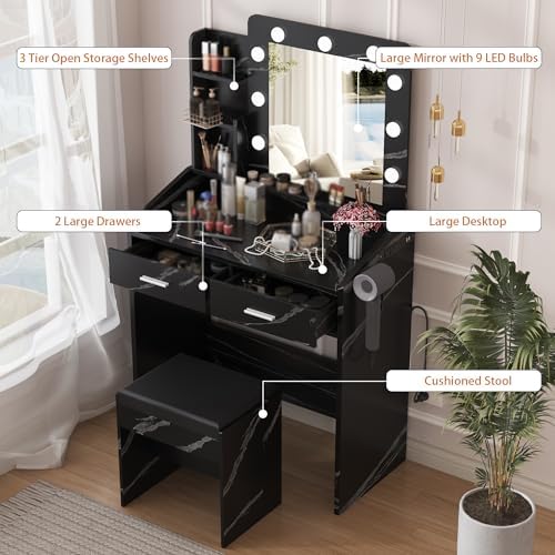 Vanity Desk with Power Outlet, Makeup Vanity with Large Mirror and LED Lights - Image 3