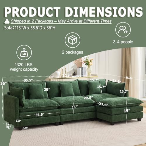 113" Modular Sectional Sofa, L Shaped Cloud Couch - Image 2