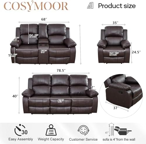 2 Pieces Living Room Furniture Sets Leather Recliner Sofa Set, Leather Couch - Image 2