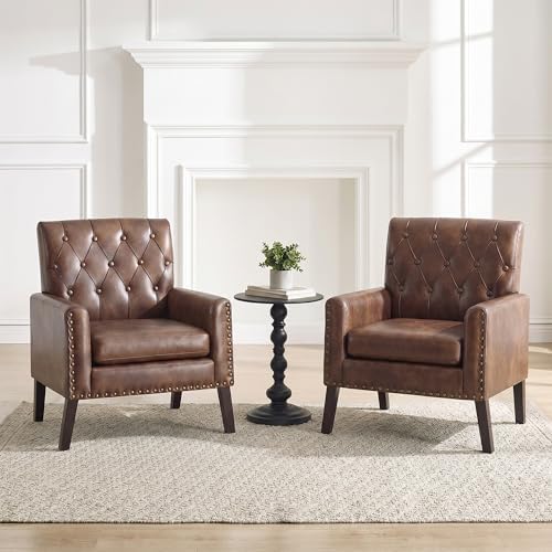 Mid Century Modern Accent Chair Set of 2, Dark Brown Faux Leather Office Chair by Abbrevi
