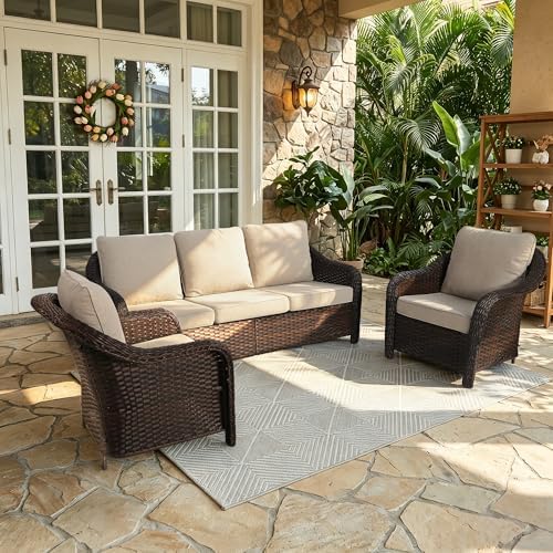 3 Piece Patio Wicker Conversation Set, All-Weather Use Outdoor Wicker Sofa by Qsoer