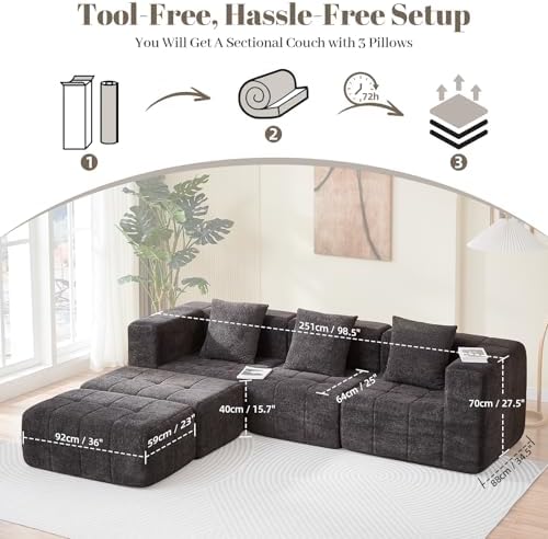 Modular Sectional Sofa with Deep Seat, Boneless Cloud Couch with 2 Movable - Image 2