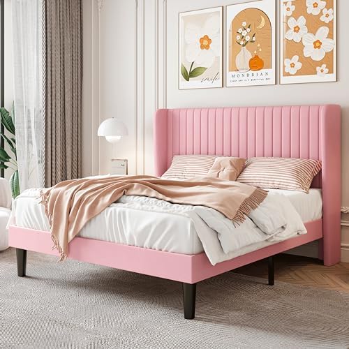 SHA CERLIN Queen Size Velvet Bed Frame, Tufted Wingback Headboard by SHACERLIN
