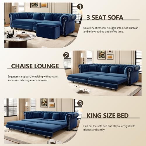 89" Velvet Pull-Out Chesterfield King Sleeper Sofa Bed - Image 4