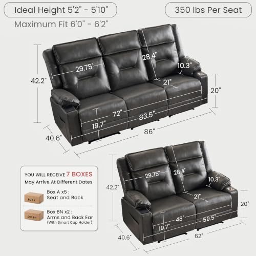 2-Piece Recliner Sofa Set, Reclining Loveseat & 3-Seater Couch - Image 2