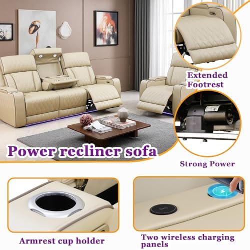 Power Reclining Sofa Set with LED Light, Khaki Leather Sectional Sofa and Chair - Image 3
