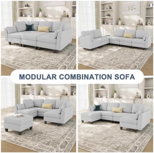 Sectional Sleeper Sofa, 6 Seaters Modular Sleeper Sofa Couch, Light Grey - Image 4