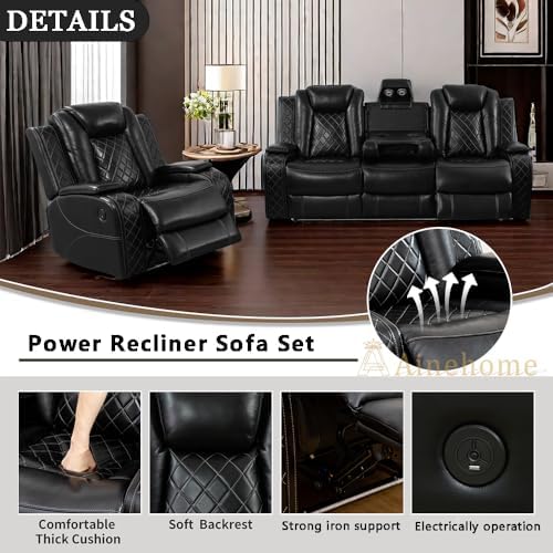 A Ainehome Living Room Furniture Set Black Leather Recliner Sofa Set Loveseat - Image 3
