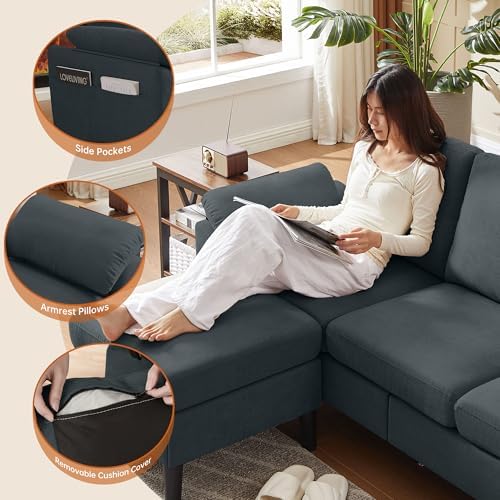 Convertible Sectional Sofa, Linen Upholstered 3 Seat Sofa - Image 3
