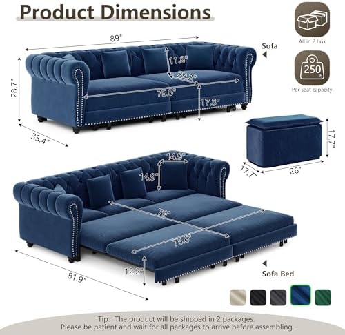 89" Velvet Pull-Out Chesterfield King Sleeper Sofa Bed - Image 2