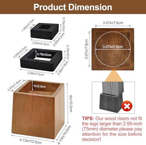 Wooden Bed Risers 4 Inch Heavy Duty, Support 2500 lbs, Retro Brown - Image 2