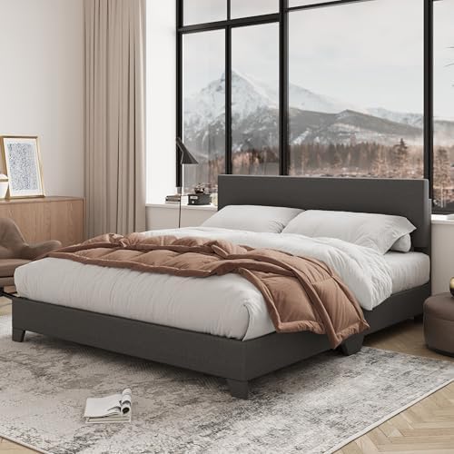 Allewie Full Size Upholstered Bed Frame Adjustable Headboard, Dark Grey - Image 3