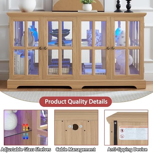 59" Glass Curio Display Storage Cabinet, 4 Doors LED Light Multipurpose - Image 3