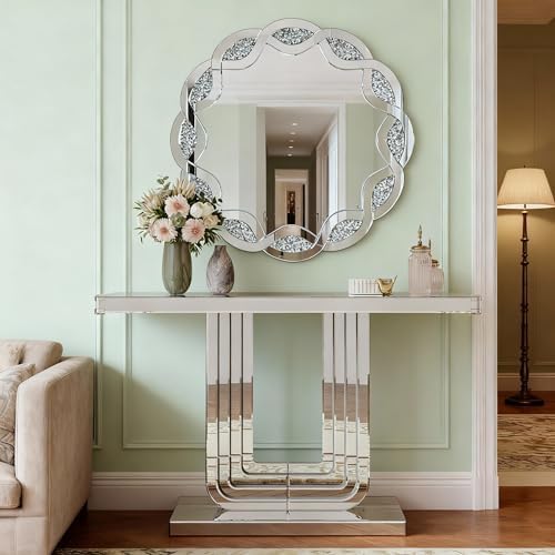 U-Shaped Silver Mirrored Console Table and Round Wall Mirror Set, 2 Piece by Unknown