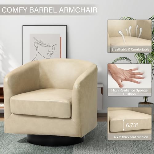 Pia Ricco Set of 4 Oversized Faux Leather 360° Swivel Barrel Accent Chair Cream - Image 3