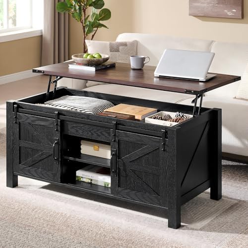 OKD 48" Farmhouse Lift Top Coffee Table, Sliding Barn Door by OKD