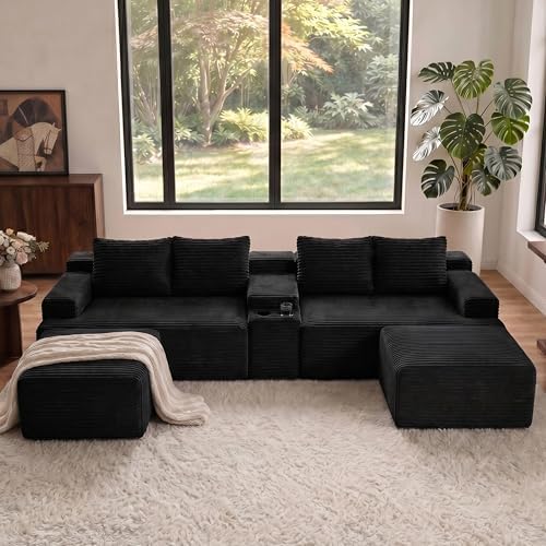 140" U-Shape Corduroy Boneless Couch, Modular Sectional Sofa Black - Image 6