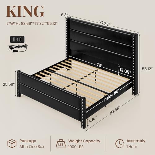 King Size 55" Tall Faux Leather Platform Bed Frame - Image 2