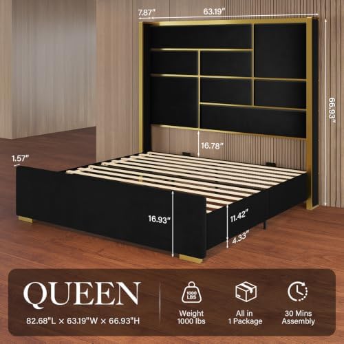 Queen Bed Frame with Gold Trim Headboard, 66.9" Tall Bed - Image 2