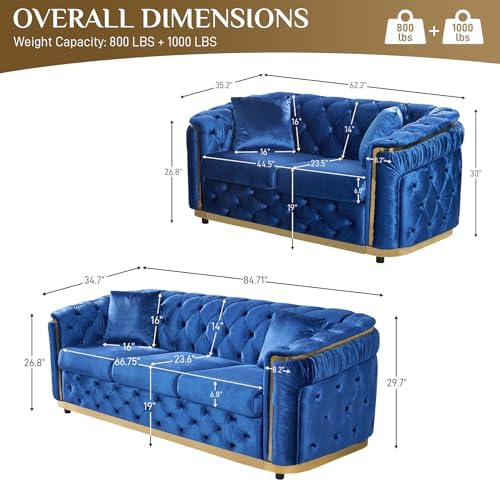 62.5"+84.6" Velvet Sofa Set, Chesterfield Tufted - Image 2