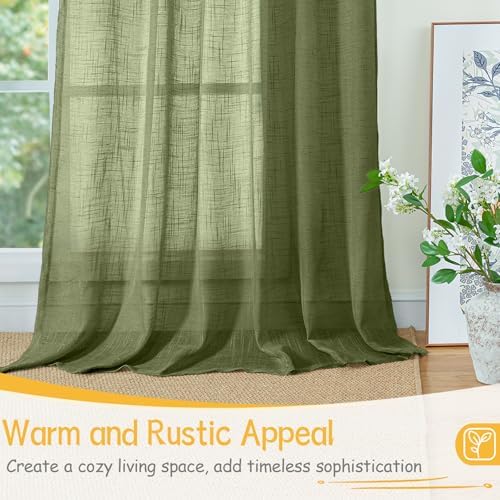YoungsTex Olive Green Linen Semi Sheer Curtains 72 Inch Length - Image 4