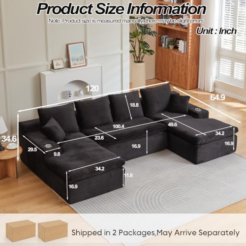 120" Modular Sectional Sofa, U Shaped Boneless Cloud Couch Black - Image 2
