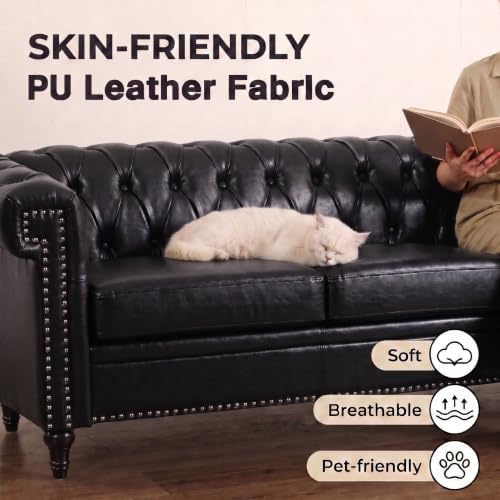 3 Seat Chesterfield Sofa, Faux Leather Couch - Image 5