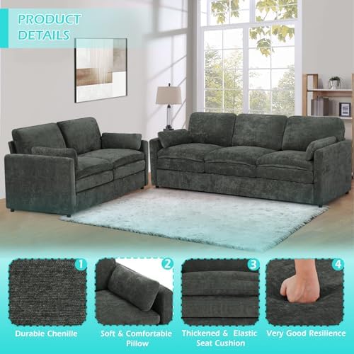 Chenille 2-Seater & 3-Seater Sofa Set w/Two Arm Pillows - Image 4