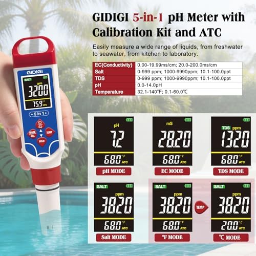 5 in 1 pH Meter for Water TDS EC Salinity Tester for Salt Water Pool - Image 2