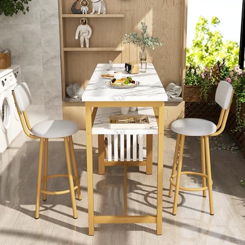 AWQM 3-Piece Bar Table and Chairs Set, Modern White Faux Marble Table - Image 5