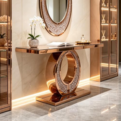 Mirrored Console Table with Crushed Diamond Inlay, 39.3" Oval-Shaped - Image 5