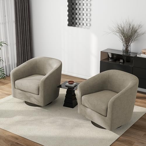 Pia Ricco Set of 2 Fabric 360° Swivel Barrel Accent Chair Light Brown - Image 6