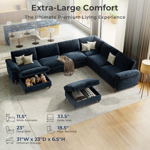 SITJOY Cloud Couch Sectional, 6 Seater V-Shaped Sofa, Chenille in Navy Blue - Image 3