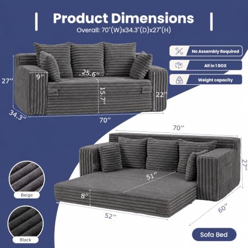 3-in-1 Convertible Sleeper Sofa Bed, Furry Futon Sofa - Image 2