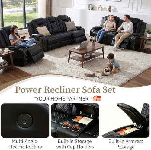 Power Recliner Sofa Set, Leather Reclining Couch Set - Image 3