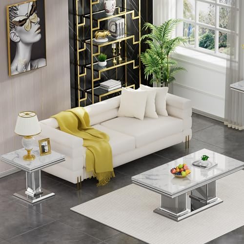Henf 23in Square End Table Faux Marble End Table - Image 4