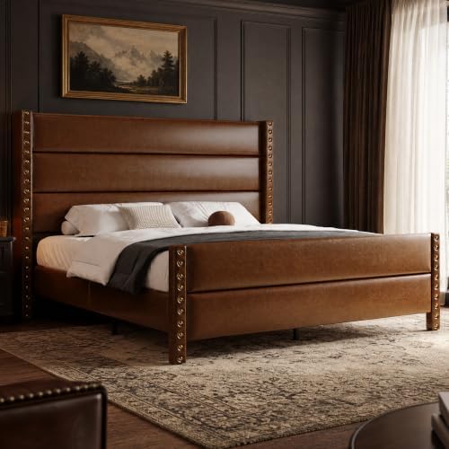 King Size 55" Tall Faux Leather Platform Bed Frame by UTEERAN