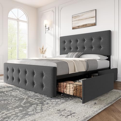 IDEALHOUSE Full Bed Frame with 4 Storage Drawers and Headboard, Dark Grey by IDEALHOUSE