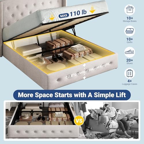 Allewie Full Size Lift Up Storage Button-Tufted Bed Frame Light Beige - Image 3