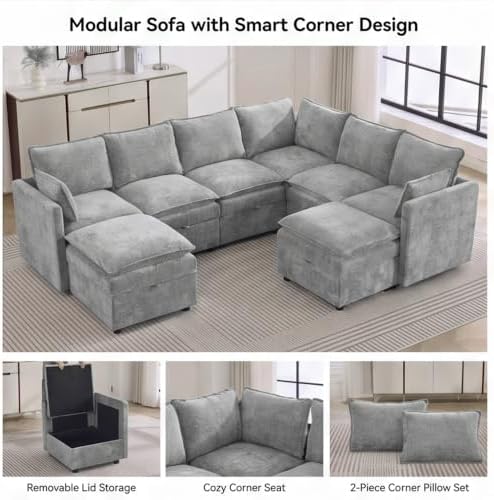 105" Light Grey Modular Storage Sofa, U Shaped Chenille Couch - Image 6