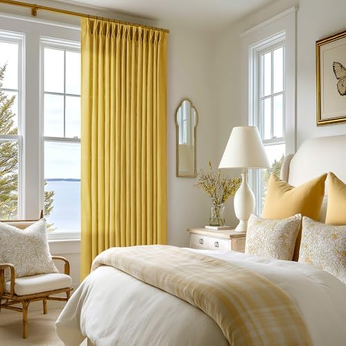 Mustard Yellow Pleated Semi Sheer Linen Curtains 96 Inches Long 2 Panel Set - Image 6