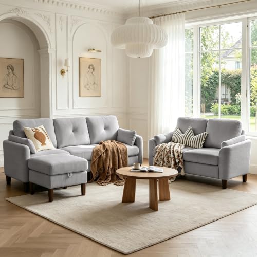 3 Piece Sectional Sofa Set, 3 Seat Couch & Loveseat & Ottoman, Light Grey by Portaforta
