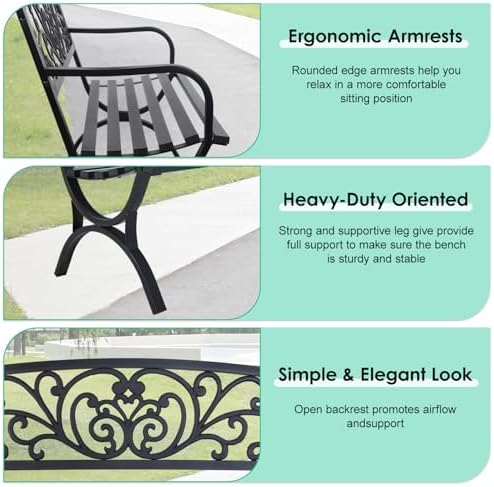 FDW | 50" Outdoor Garden Bench | Black | 485lbs Load Capacity - Image 5