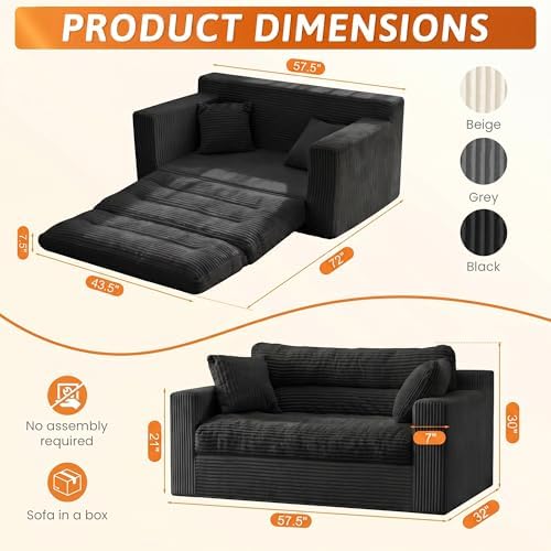 Erament Boneless Loveseat Sofa Couch, 2 in 1 Convertible Sofa Bed - Image 2
