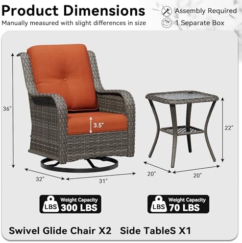 3 Piece Outdoor Wicker Patio Furniture Set, Swivel Rocker Patio Chairs Set - Image 2