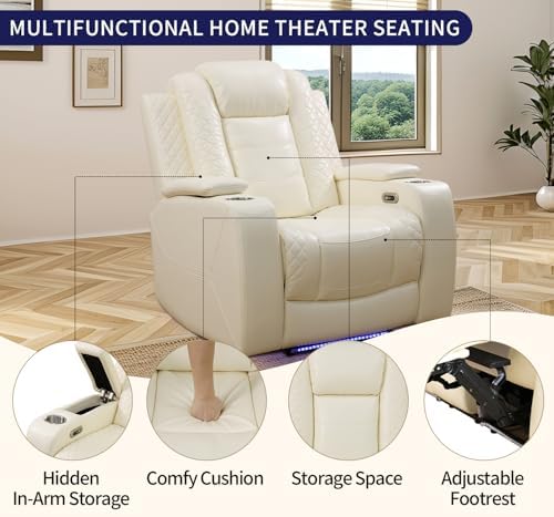 Power Recliner Chair with LED Lights, Leather Reclining Couch with Storage - Image 3