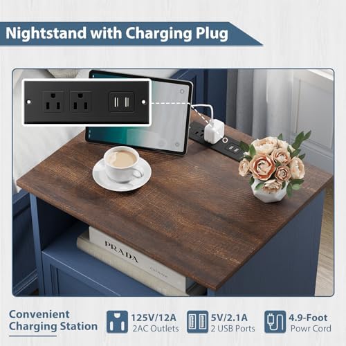 YANSNWO Blue Nightstand with Charging Station, 19.7" 2-Drawer End Table - Image 4