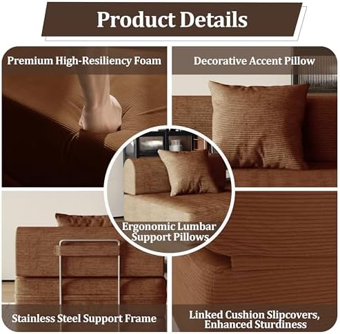 31.5'' Convertible Compressed Corduroy Folding Sofa Bed, Modern Boneless Pull - Image 4