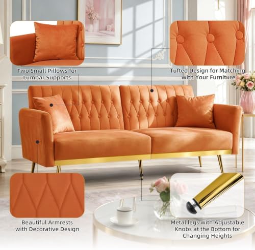 70” Velvet Futon Sofa Bed w/Adjustable Armrests - Image 5