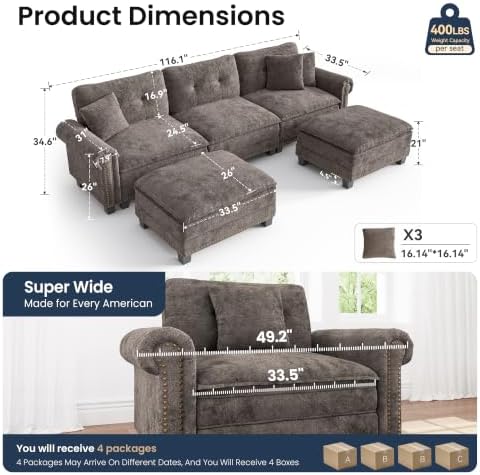 PHI VILLA 116" Oversized Modular Sectional Couch U Shaped - Image 2